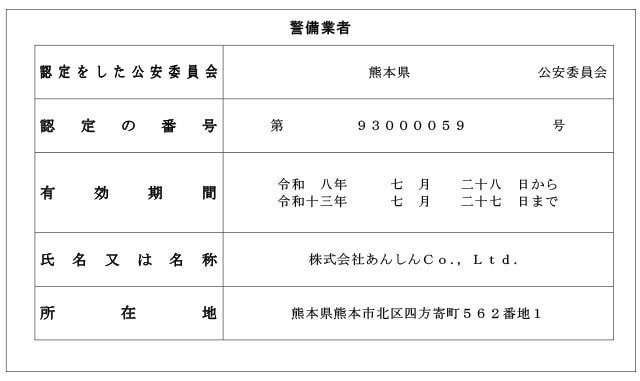 熊本県　警備事業者　認定証